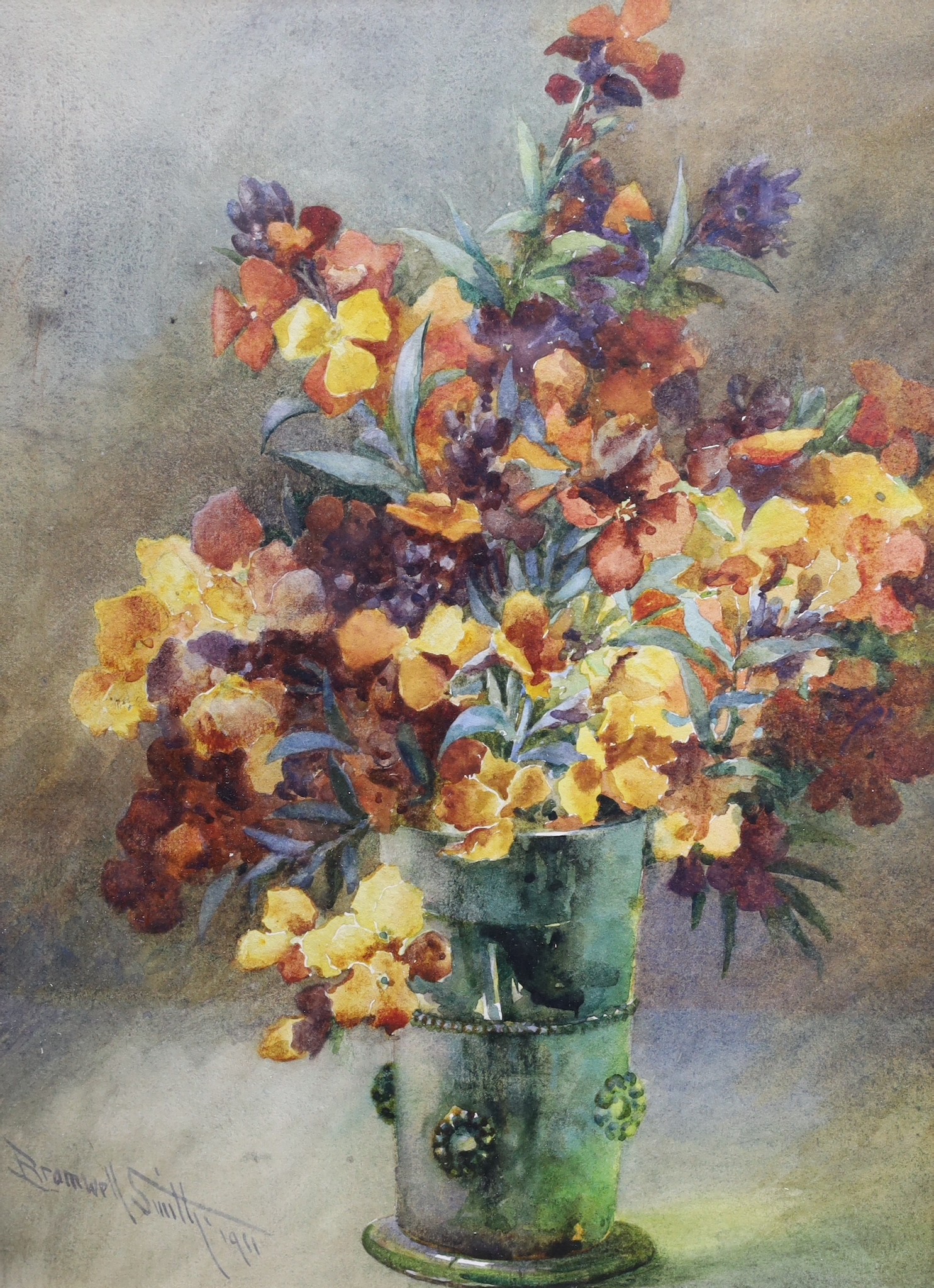 Bramwell Smith, watercolour, Still life of wall flowers in a glass vase, signed and dated 1911, 34 x 25cm and an unframed still life by B. Phillpott, 17 x 26cm